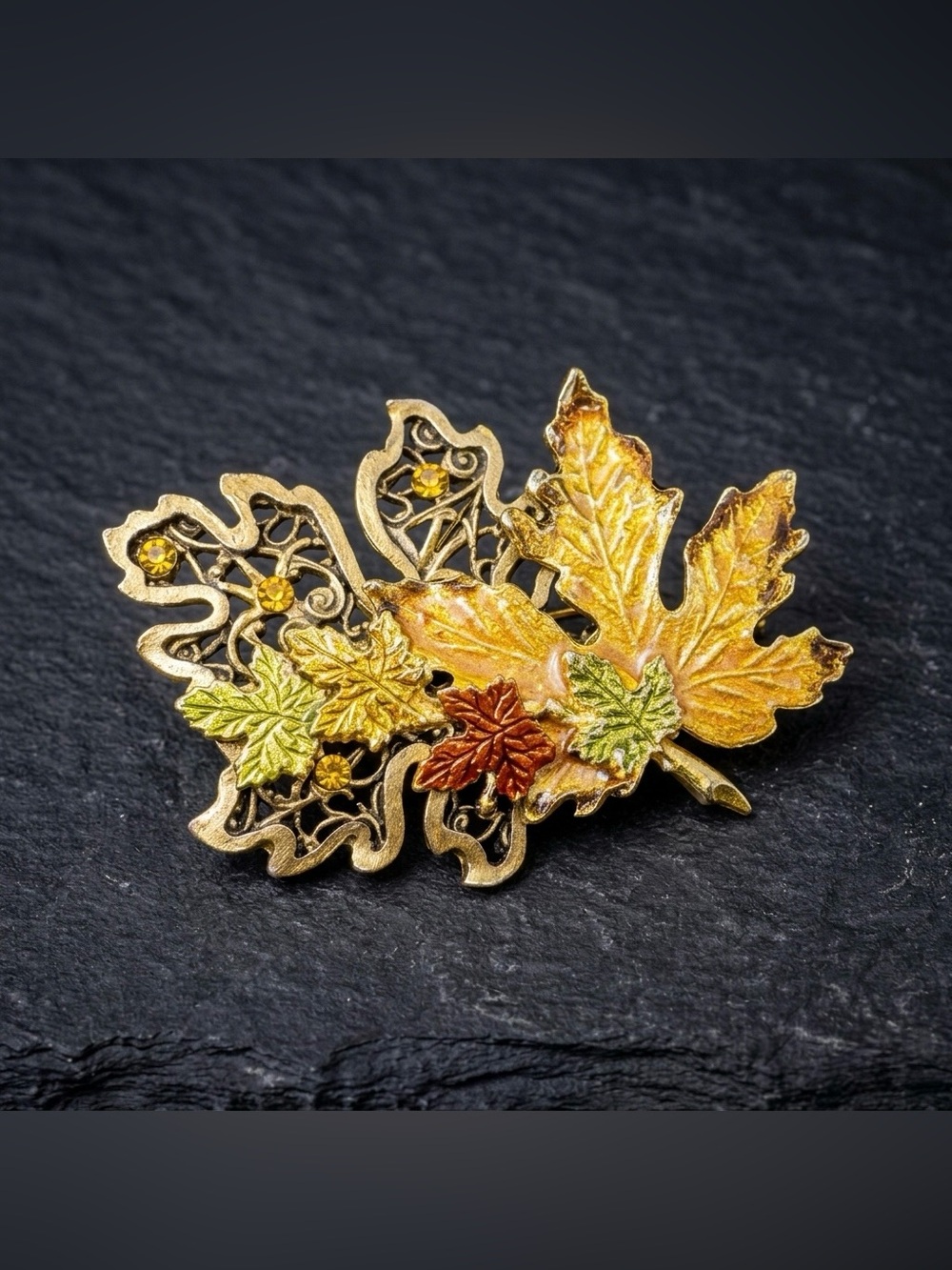Vintage Y2K Kenneth Cole Enamel Autumn Maple Fall Leaf Gold Tone Filigree Brooch
